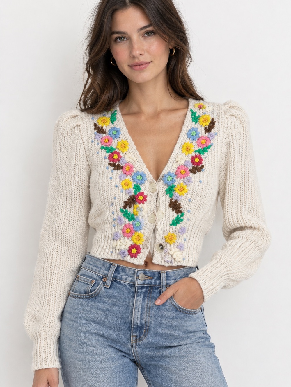 CeliaB mohair and wool Cropped Cream Floral Embroidered Knit Cardigan Sweater